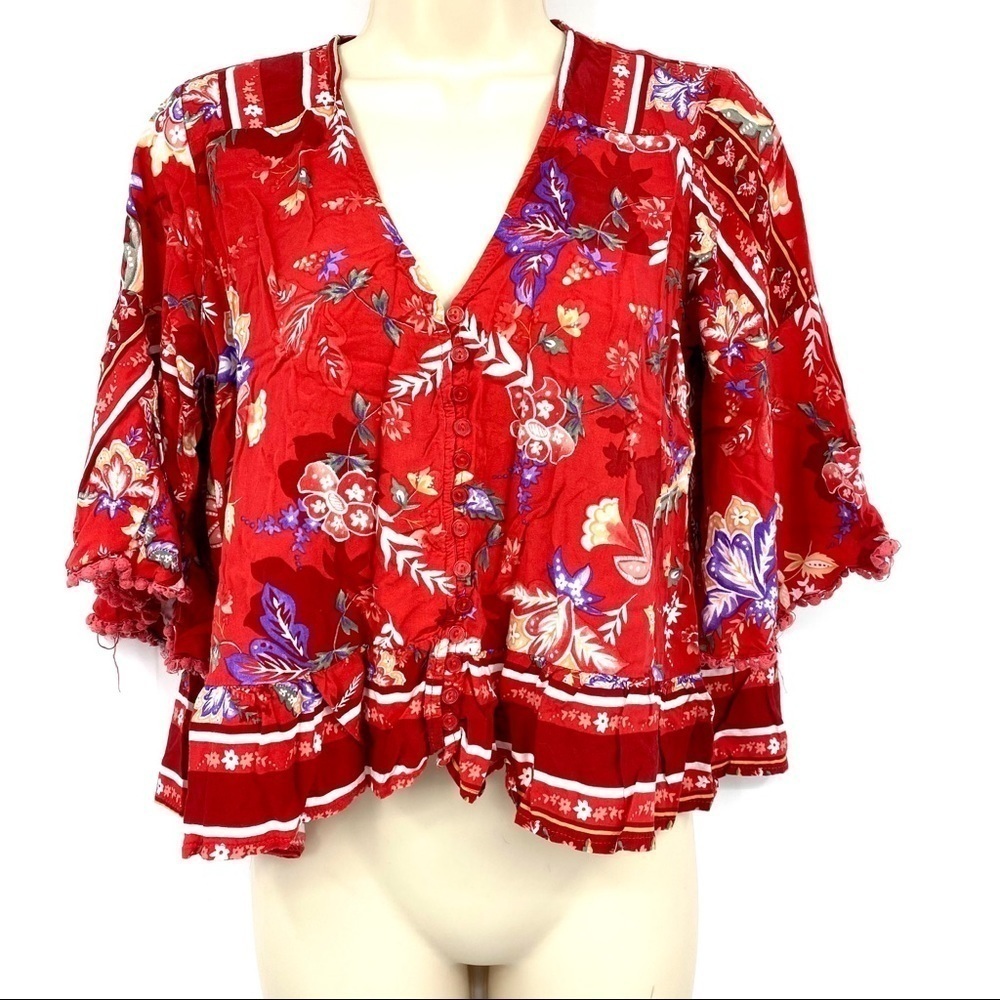 Jaase boho bell sleeve crop top Pom Pom trim S